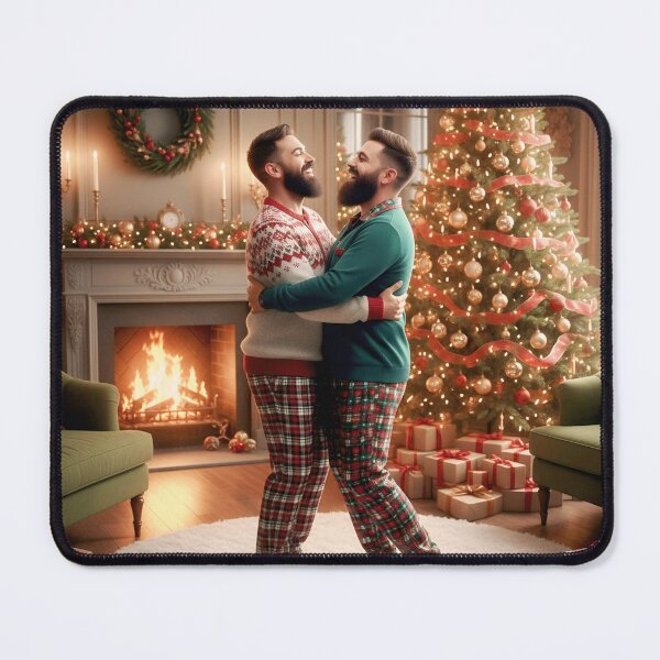 Item preview, Romantic holiday scene: bearded couple holding each other near the hearth and a lit pine tree. designed and sold by Elando1212.