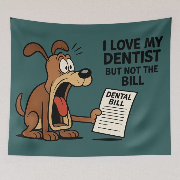 Item preview, Funny Dental Cartoon – “I Love My Dentist, But Not the Bill” | Cartoon Dog Shocked by Dental Invoice | Dentistry & Orthodontics Humor designed and sold by @majovegana.