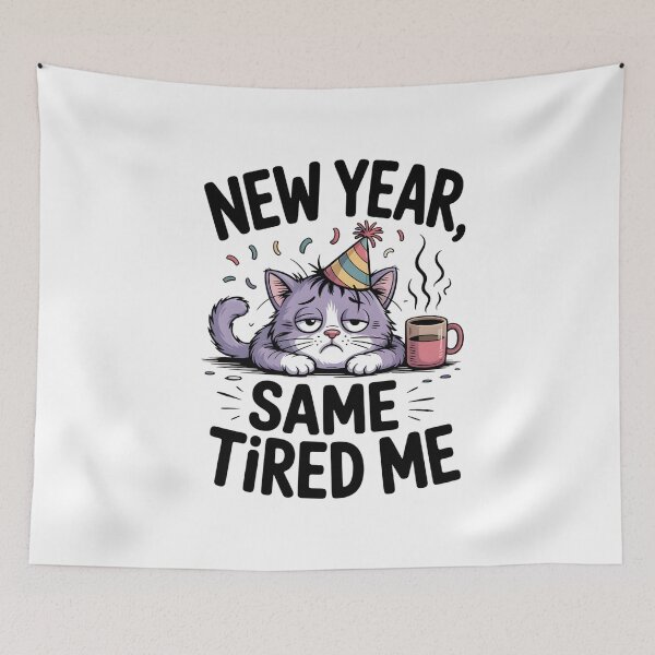 Item preview, New Year Same Tired Me Cat designed and sold by Pawmoods.