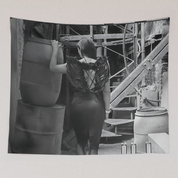 Item preview, Fallen angel in an industrial wasteland – black and white photograph designed and sold by StillnessInDecay.