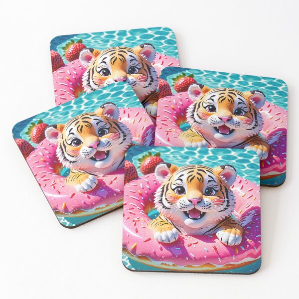 Item preview, Sweet Summer Tiger Cub Floating in Strawberry Donut Pool Ring designed and sold by 4TinyPaws.