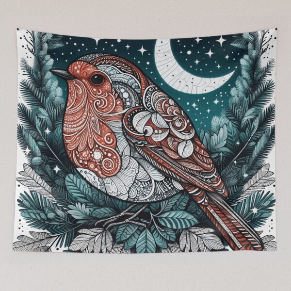 Item preview, Boho Woodland Redbreast Under Crescent Moon designed and sold by BigBlueArt.