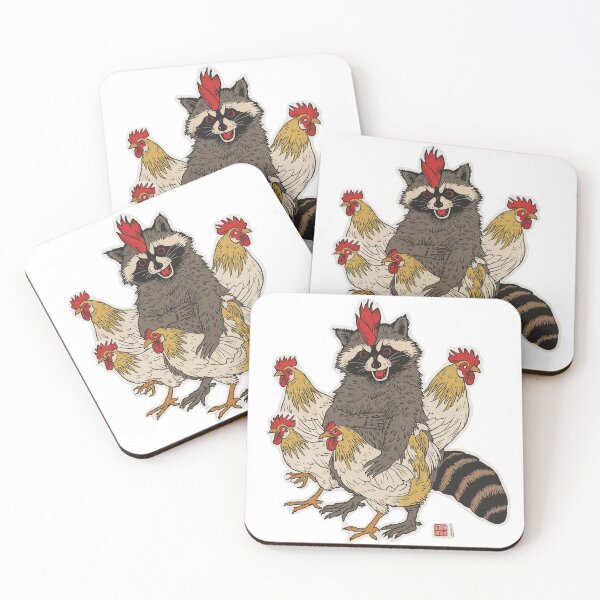Item preview, Funny vintage raccoon rooster chicken japanese ukio-e art designed and sold by Bada-stickers.