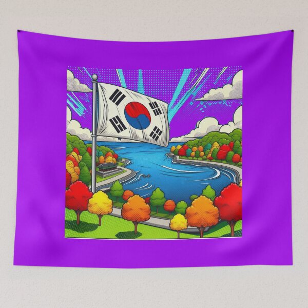 Item preview,  Suncheonman Bay 3D Comic Label – Korean Flag, Colorful Trees & Bright Blue Sea   designed and sold by PaintMeWorld.