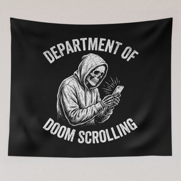 Item preview, Funny Skeleton Department Of Doom Scrolling - Social Media Addiction Meme designed and sold by Mason-Pride.