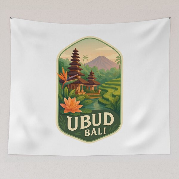 Item preview,  Ubud Rice Terraces and Pura Taman Saraswati Temple with Mount Agung in Background, Bali, Indonesia designed and sold by Aryabek.