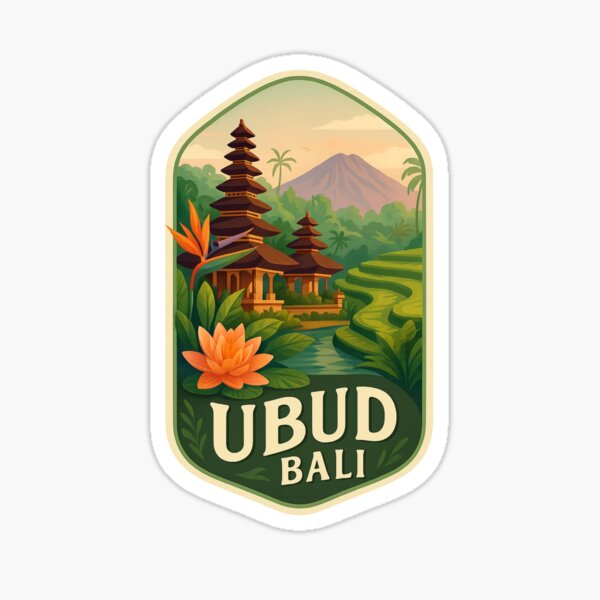 Ubud Rice Terraces and Pura Taman Saraswati Temple with Mount Agung in Background, Bali, Indonesia Sticker