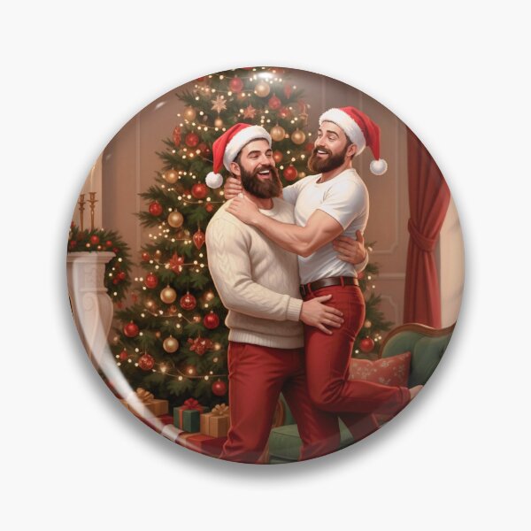 Item preview, One man lifting his partner into his arms by the Christmas tree — both wearing Santa hats beside a warm fireplace. designed and sold by Elando1212.