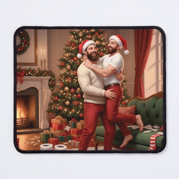 Item preview, One man lifting his partner into his arms by the Christmas tree — both wearing Santa hats beside a warm fireplace. designed and sold by Elando1212.
