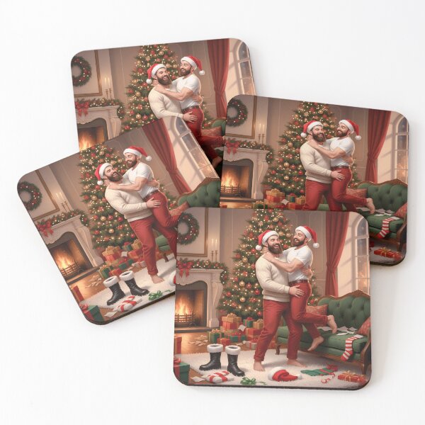 Item preview, One man lifting his partner into his arms by the Christmas tree — both wearing Santa hats beside a warm fireplace. designed and sold by Elando1212.