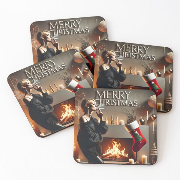 Item preview, Stylish Woman Smoking At Christmas Fireplace Scene Bold Holiday Art. designed and sold by Spark2Seduction.