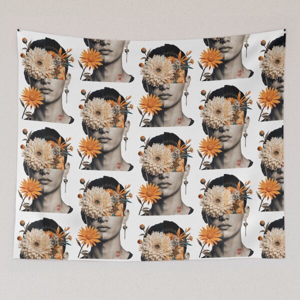 Item preview, Artwork features a human face blended with flowers, showcasing creativity through mixed media techniques and vibrant colors designed and sold by SpaceartLilu.