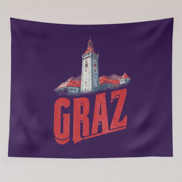 Item preview, Graz, Austria motif with clock tower and red roofs – retro city illustration designed and sold by Meiersbeste.
