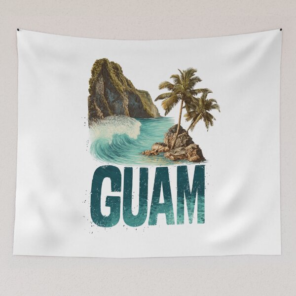 Item preview, Guam Pacific island scene with cliffs, palm trees and breaking waves designed and sold by Meiersbeste.
