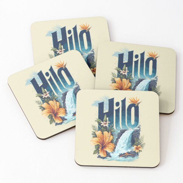 Item preview, Hilo Hawaii motif with waterfall and hibiscus flowers – Tropical jungle illustration designed and sold by Meiersbeste.