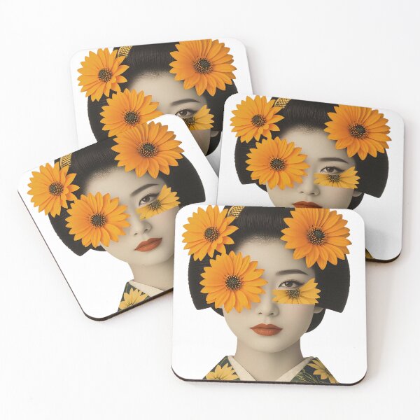 Item preview, Woman in floral kimono with sunflower decorations on face and hair stands in a creative display of beauty and art at a cultural event designed and sold by SpaceartLilu.