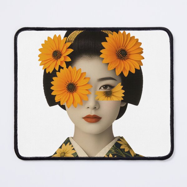 Item preview, Woman in floral kimono with sunflower decorations on face and hair stands in a creative display of beauty and art at a cultural event designed and sold by SpaceartLilu.