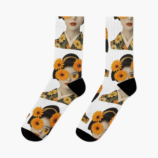 Item preview, Woman in floral kimono with sunflower decorations on face and hair stands in a creative display of beauty and art at a cultural event designed and sold by SpaceartLilu.