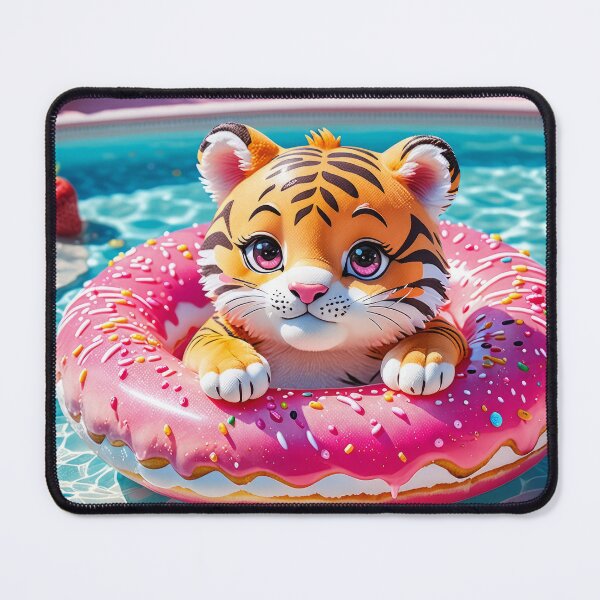 Item preview, Playful Tiger Cub Riding a Pink Frosted Donut in Crystal Blue Water designed and sold by 4TinyPaws.