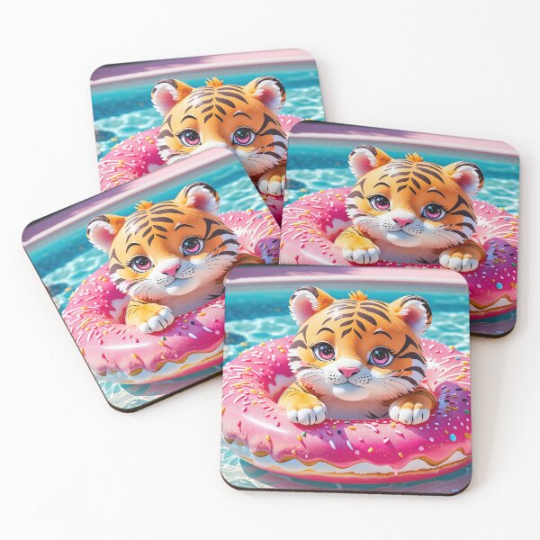 Item preview, Playful Tiger Cub Riding a Pink Frosted Donut in Crystal Blue Water designed and sold by 4TinyPaws.