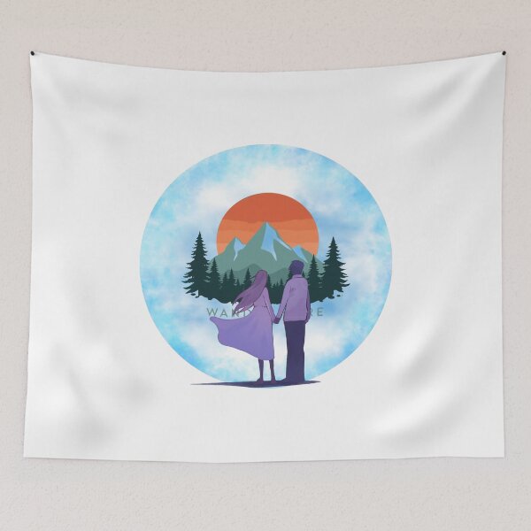 Item preview, minimal landscape with mountains and pines with lovers looking designed and sold by tsintsinshop.