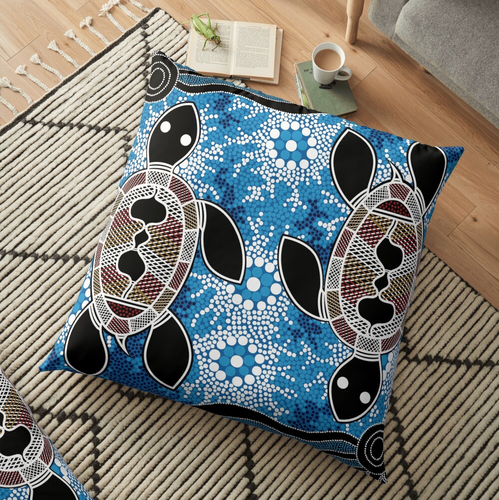 Authentic Aboriginal Art - Sea Turtles Floor Pillow