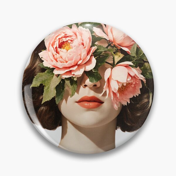Item preview, Woman with flowers covering her eyes in a circular artwork with a patterned background and neutral colors designed and sold by SpaceartLilu.