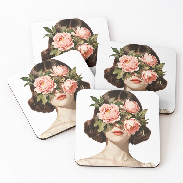 Item preview, Woman with flowers covering her eyes in a circular artwork with a patterned background and neutral colors designed and sold by SpaceartLilu.