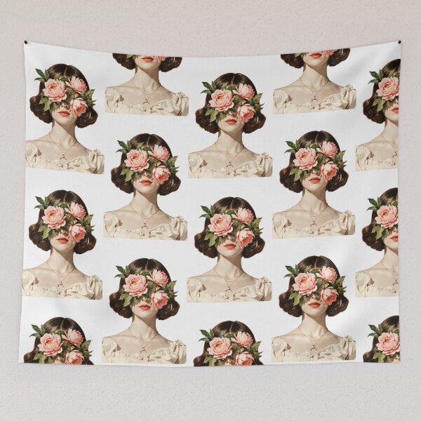 Item preview, Woman with flowers covering her eyes in a circular artwork with a patterned background and neutral colors designed and sold by SpaceartLilu.