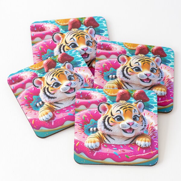 Item preview, Happy Tiger Cub Floating in a Glossy Strawberry Donut – Summer Cute Art designed and sold by 4TinyPaws.