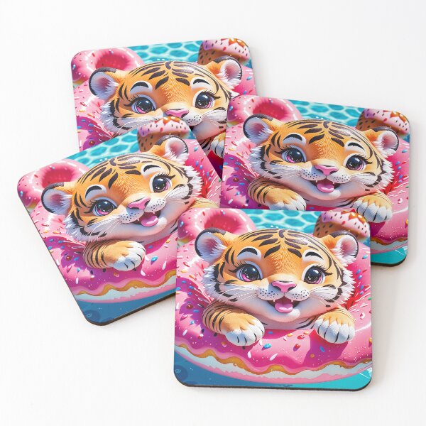 Item preview, Tropical Tiger Cub Splashing in a Pink Donut Float – Cute & Colorful designed and sold by 4TinyPaws.