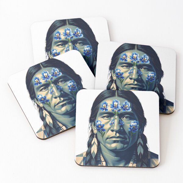 Item preview, Native American man with floral face painting and traditional attire poses for a cultural representation in an artistic setting designed and sold by SpaceartLilu.