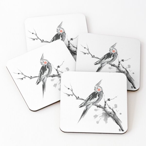 Item preview, Japanese Sumie Ink Cockatiel, Elegant Black and White Bird Art, Tiel on Branch designed and sold by Rockabird75.