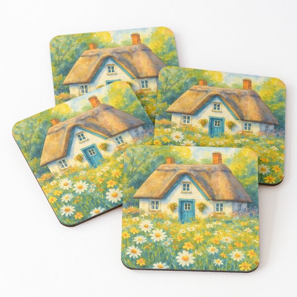 Item preview, Cottagecore Daisy Field Watercolor Print, Cozy Thatched Cottage Art designed and sold by BeaconMarketing.