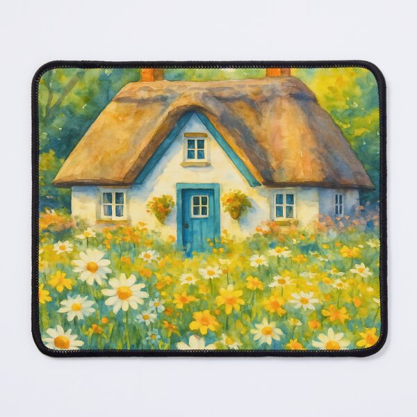 Item preview, Cottagecore Daisy Field Watercolor Print, Cozy Thatched Cottage Art designed and sold by BeaconMarketing.