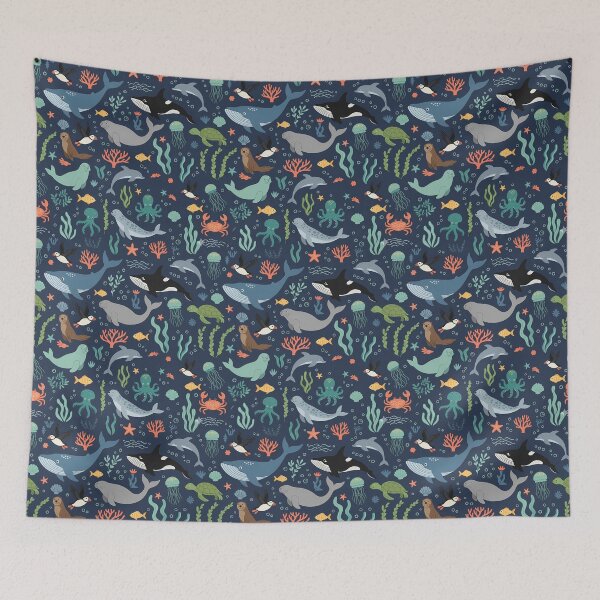 Item preview, Cute Ocean Animals Pattern – Scandinavian Folk Art by heidiannemorris © designed and sold by FOLK ART FUSION by heidiannemorris.