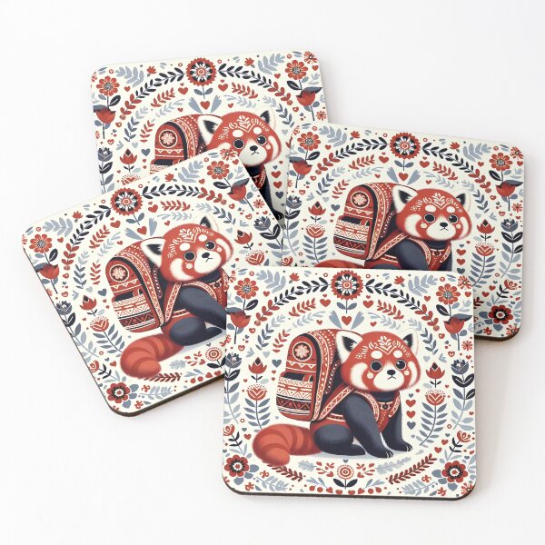 Item preview, Back to School Blues – Sad Red Panda with Randoseru in Scandinavian Folk Art Style © heidiannemorris designed and sold by FOLK ART FUSION by heidiannemorris.