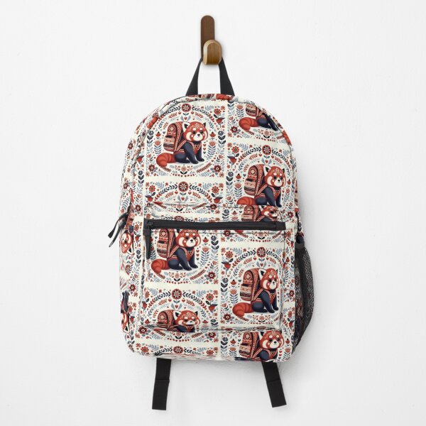 Item preview, Back to School Blues – Sad Red Panda with Randoseru in Scandinavian Folk Art Style © heidiannemorris designed and sold by FOLK ART FUSION by heidiannemorris.