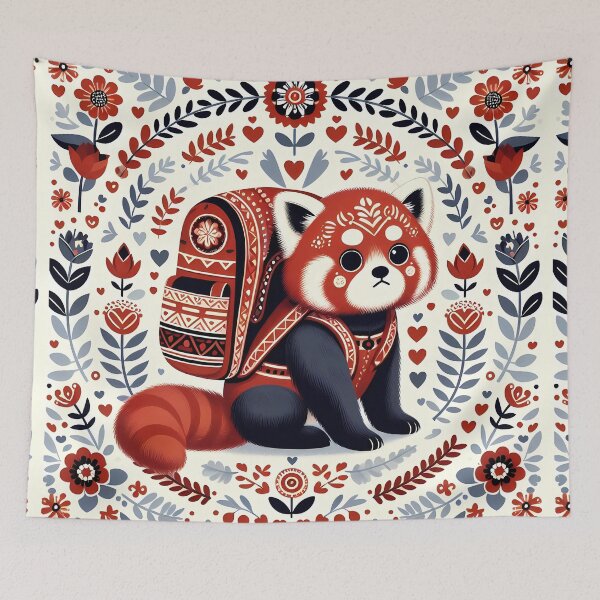 Item preview, Back to School Blues – Sad Red Panda with Randoseru in Scandinavian Folk Art Style © heidiannemorris designed and sold by FOLK ART FUSION by heidiannemorris.
