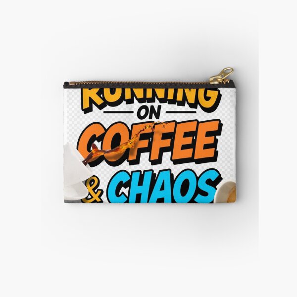 Item preview, bold playful typography “Running on Coffee & Chaos” designed and sold by tsintsinshop.