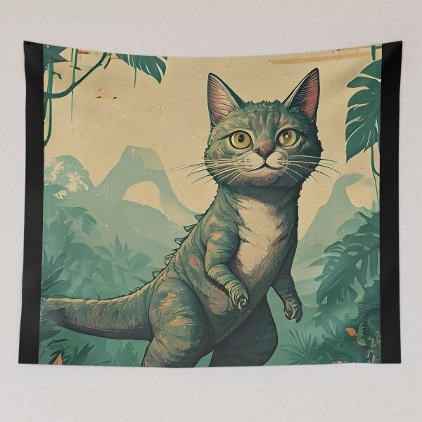 Item preview, cat dino Vintage Dino Cat Jungle Travel Poster Art designed and sold by Uglyandcute.