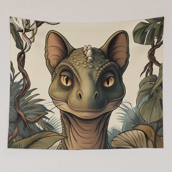 Item preview, cat dino Vintage Dino Cat Jungle Travel Poster Art designed and sold by Uglyandcute.