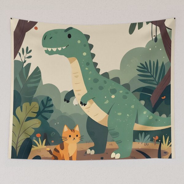 Item preview, cat dino Vintage Dino Cat Jungle Travel Poster Art designed and sold by Uglyandcute.