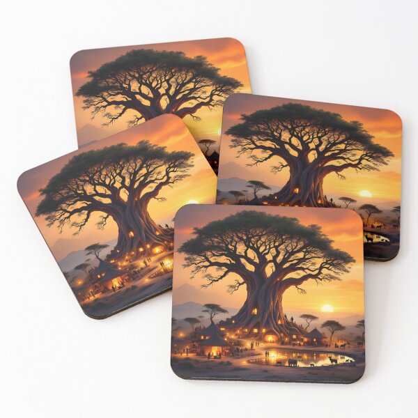 Item preview, Sunset Baobab Village – Magical Tree of Light designed and sold by DreamyWallVibes.