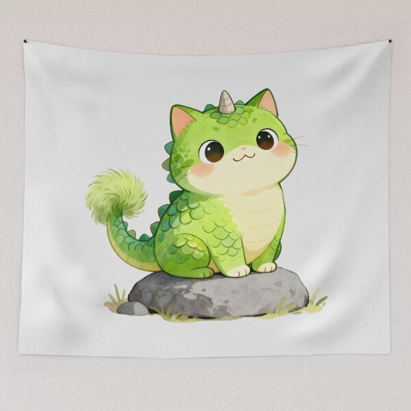 Item preview, cat dino Chubby Green Dino Cat Cute Fantasy Illustration designed and sold by Uglyandcute.