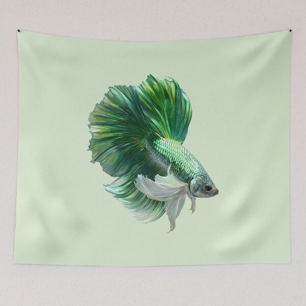 Item preview, Emerald Green Betta Siamese Fighting Fish with Flowing White Fins Halfmoon designed and sold by meganohm.