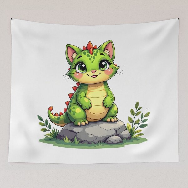Item preview, cat dino Chubby Green Dino Cat Cute Fantasy Illustration designed and sold by Uglyandcute.
