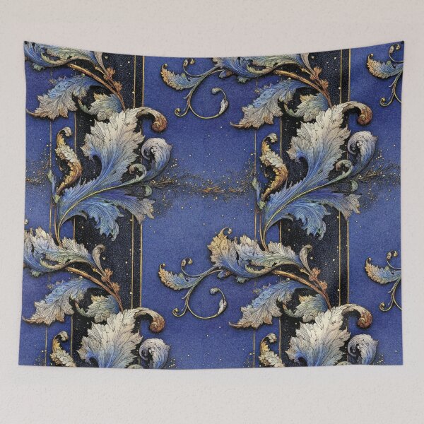 Item preview, Sapphire Acanthus Scroll with Gold Accents Vintage Wallpaper Fabric designed and sold by dawnleblanc55.