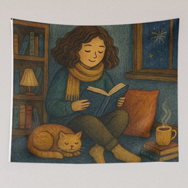 Item preview, Cozy Festive Night In With Cat And Book designed and sold by Still Breathing Studio.