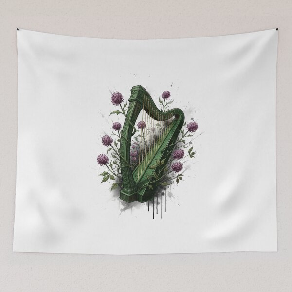 Item preview, Celtic Harp with Thistles – Botanical Ink Illustration designed and sold by CelticSoulShop.